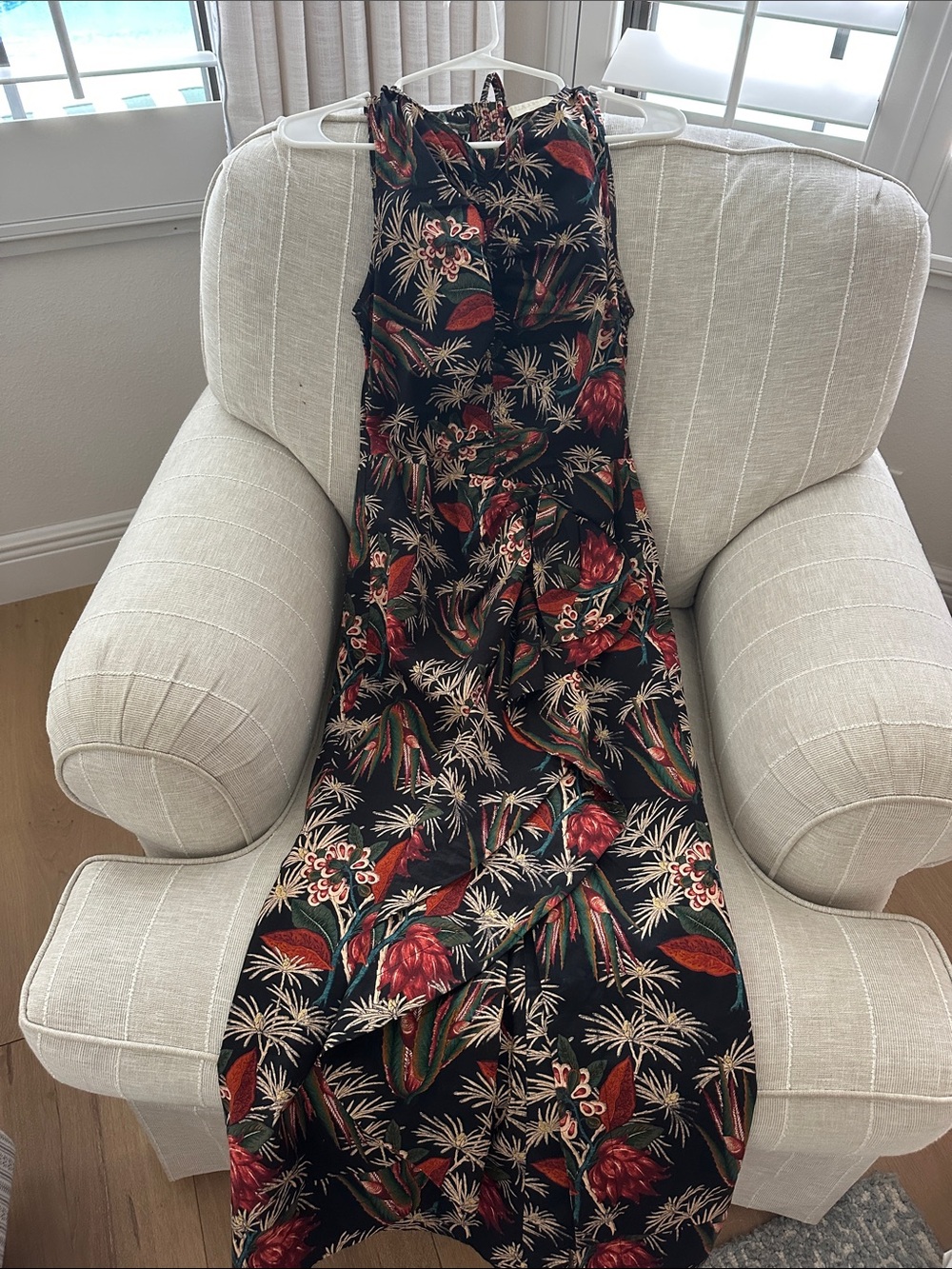 Ulla Johnson Black Maxi Dress with Red and Green Tropical Print